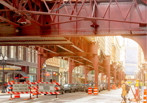 Chicago, IL, USA, october 2016: Road closed signs under the Chicago elevated subway